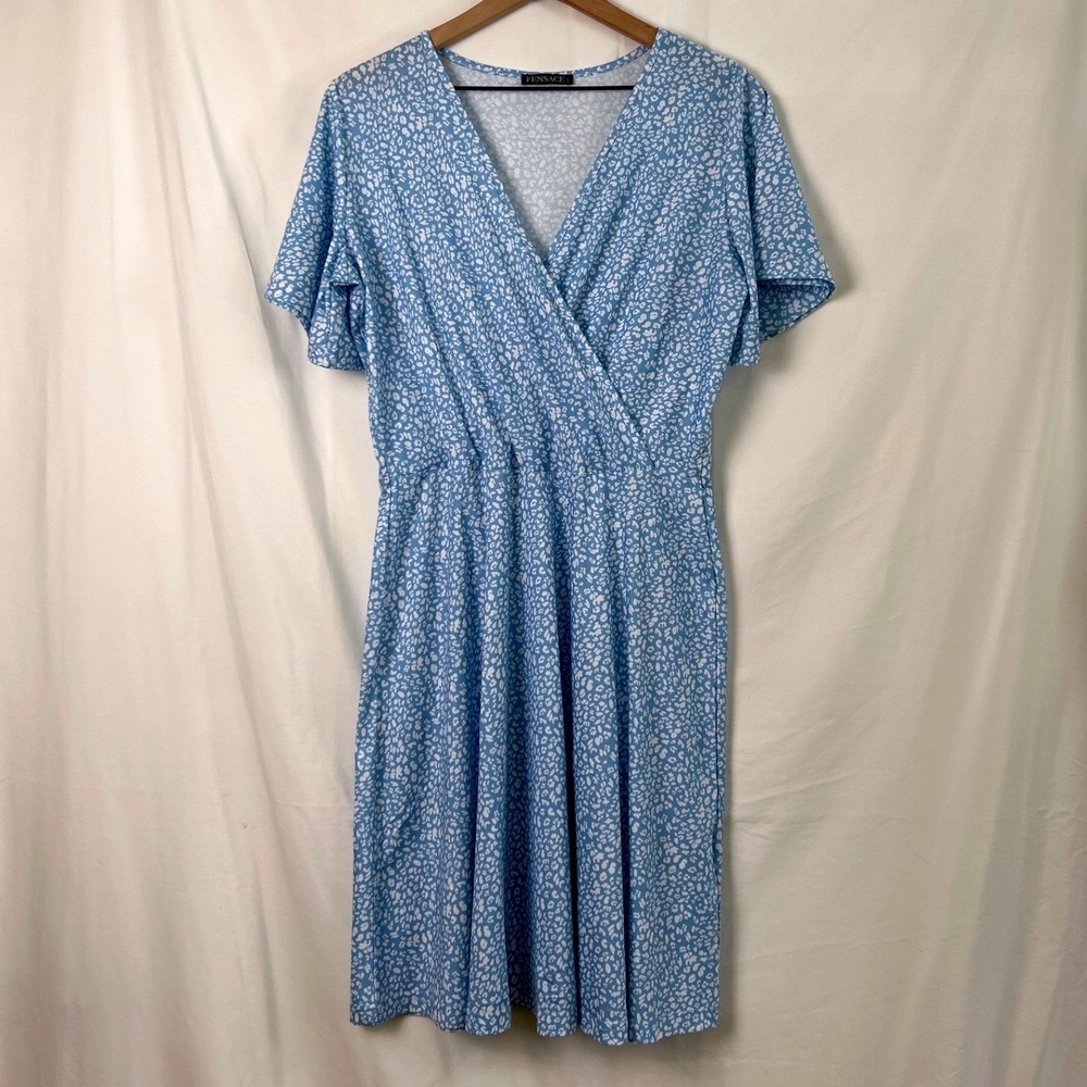 Fensace Womens Dress Blue Size L Leopard Print Wrap V-Neck Flutter Sleeve Midi